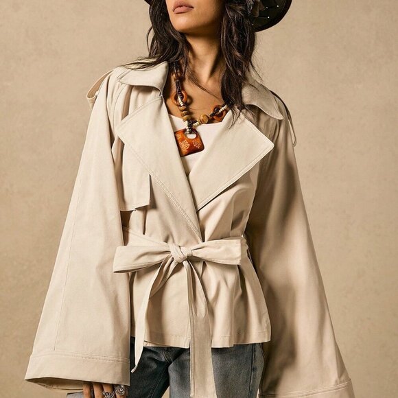 Apricot Casual Women's Minimalist Tie-Up Loose Short Trench Coat - Picture 1 of 7